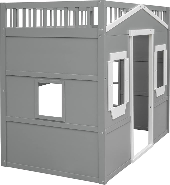 Twin Size Loft Bed with Safety Guardrail for Kids Boys Girls, Playhouse Design Solid Wood Loft Bed Frame with Ladder and Windows, Strong Wood Slats Support, Space-Saving (Gray+w Twin)
