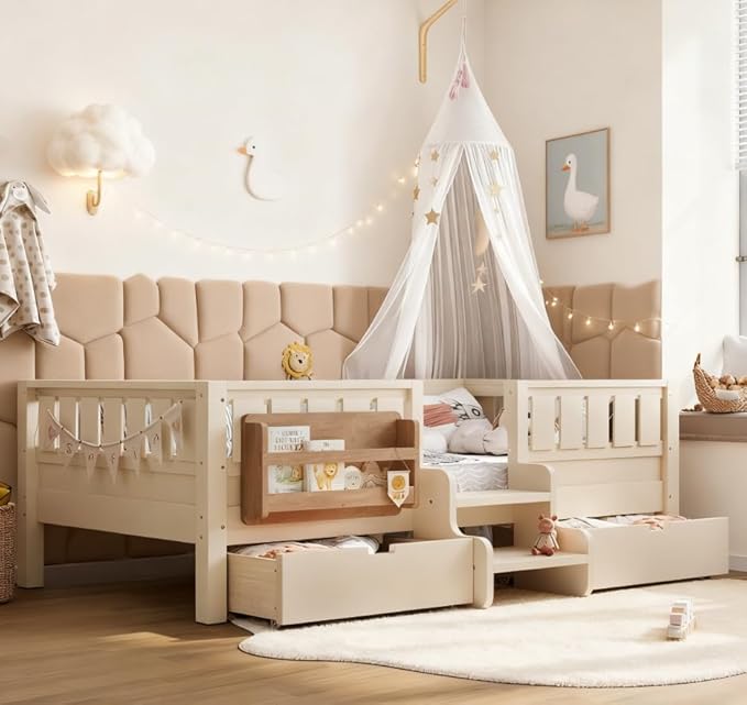 Bellemave Full Size Kids Bed with high Rails and with Built-in Bookshelf and Drawers for Kids, Girls, Boys, Wood Montessori Bed Without Door, Beige