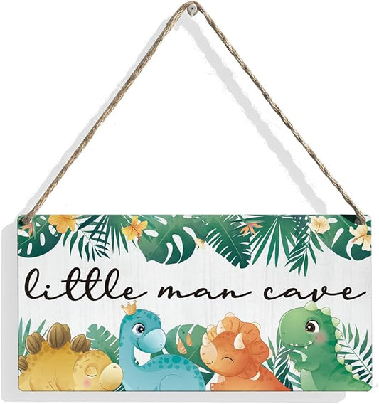 Little Man Cave Sign Dinosaur Woodland Nursery Room Decor for Baby Bedroom Jungle Safari Dinosaur Theme Wall Decor for Toddler Room Decor 12 × 6 Inch （Wood 4010）