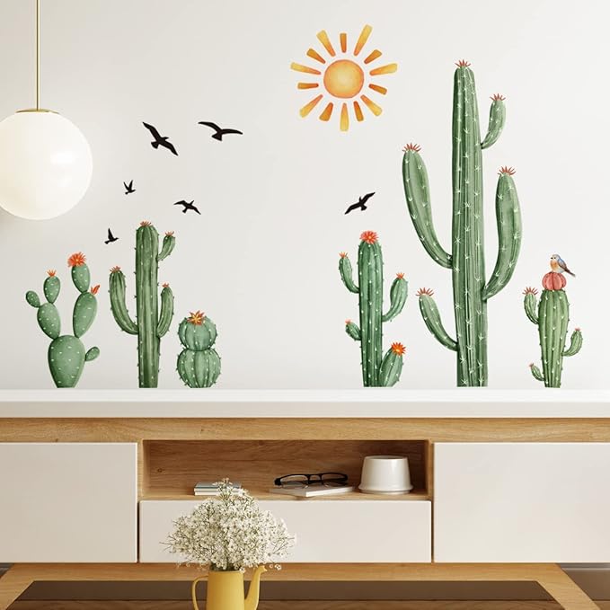 Boho Cactus Wall Decals Boho Sun Wall Stickers Tropical Cacti Green Plants with Birds Wall Decals for Living Room, Bedroom, Kitchen, Dining Room