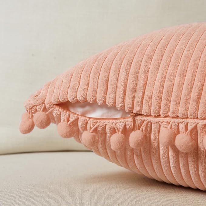 Fancy Homi Pack of 2 Peach Decorative Throw Pillow Covers 20x20 Inch with Pom-poms for Couch Bed Living Room, Farmhouse Boho Home Decor, Soft Corduroy Solid Coarl Square Cushion Case 50x50 cm