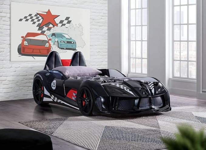MASARA Race Car Twin Bed with LED Lights, Music Player, Magnetic Doors (Black)