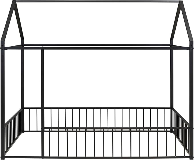 Bellemave Full Size Montessori Floor Bed, Metal House Bed Framefor Kids, Montessori Floor Beds with Fence, Playhouse for Kids, Black