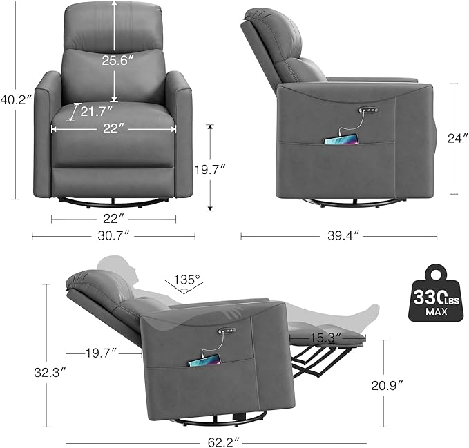 Power Swivel Rocker Recliner, 360° Swivel Nursery Rocking Chair, PU Leather Glider Rocking Recliner, Infinite Position Electric Chair for Adults with USB Port for Living Room, Dark Gray