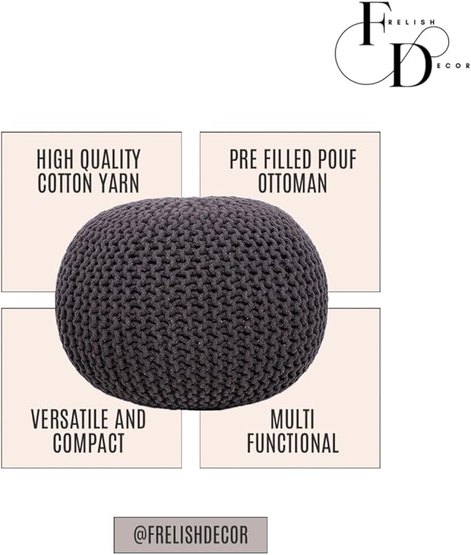 FRELISH DECOR Round Pouf Ottoman Hand Knitted 100% Cotton Pouf Foot Stool - Knitted Bean Bag - Floor Chair for Living Room Bedroom - Foot Rest for Couch (20 Diameter x 14 Height) - Brown