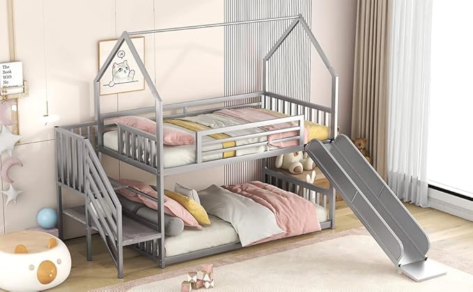 MERITLINE Metal Bunk Bed Twin Over Twin Bunk Bed Frame with Slide and Stairway,Twin Over House Bed with Guardrails
