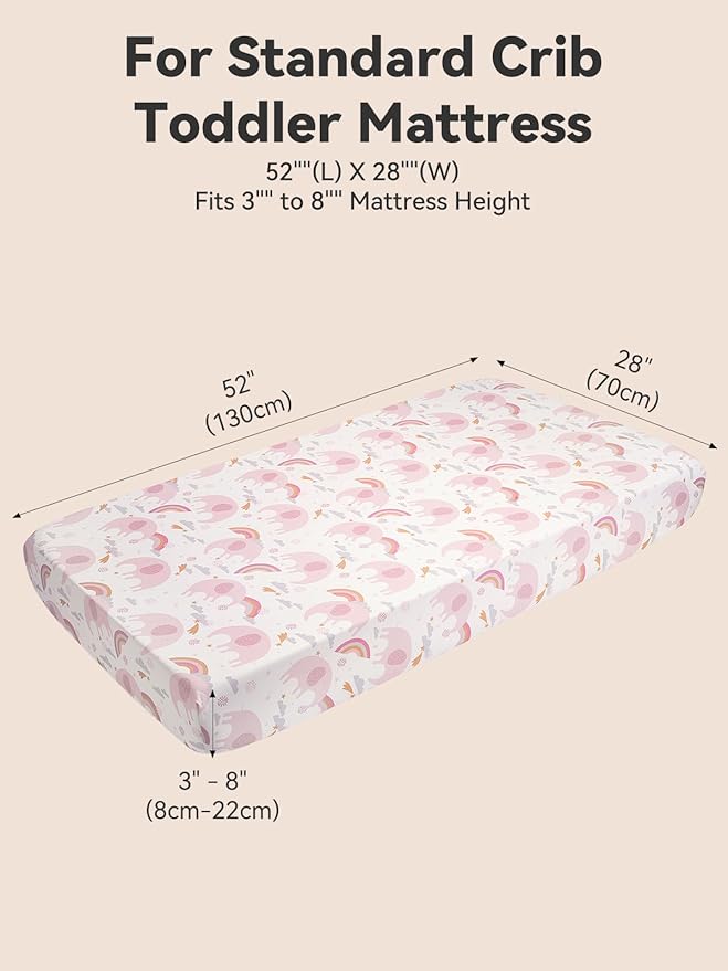 TILLYOU Baby Crib Sheets for Boys Girls, Super Soft Toddler Bed Sheets, 2 Pack Sheets for Standard Crib Mattress 28x52in, Rainbow Elephant