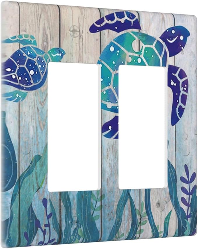 Sea Turtle Grass Seaweed on Rustic Wooden Board 2 Gang Double Rocker/Decora Light Switch Cover Decorative Wallplate Ocean Grass Seaweed Gfci Electrical Faceplate Home Bedroom Art Decor