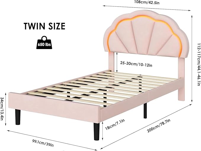 HIFIT Twin Upholstered Smart LED Bed Frame with Adjustable Chic Petal Headboard, Princess Twin Size Platform Bed Frames for Kids/Girls, Wooden Slats Support, No Box Spring Needed, Easy Assembly, Pink