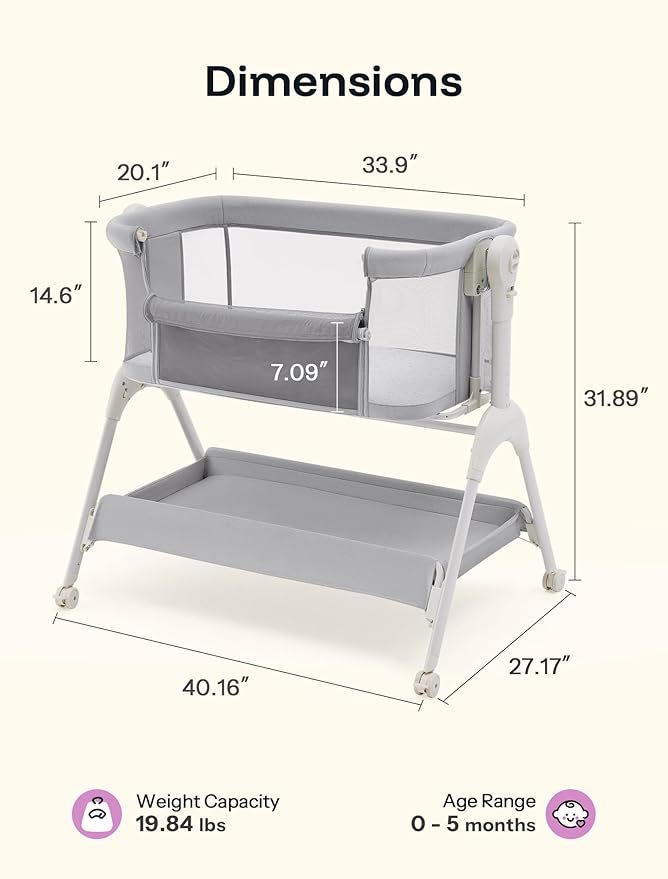 HARPPA Cuddly Baby Bassinet Bedside Sleeper, 3 in 1 Rocking Bassinet with Mattress and Soft Cover, Full Mesh Sides, 5 Height Adjustable with Wheels for Newborns, Grey