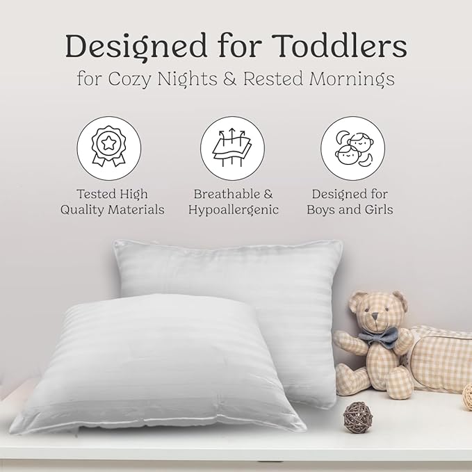 Toddler Pillow and Pillowcase 13x18 inches, Organic Cotton - Perfect for Toddlers 2-5 Years - Ideal for Toddler Travel Bed, Toddler Bedding Set, Kids Travel Pillow and Machine Washable