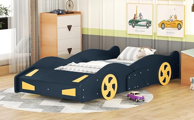 Twin Size Race Car-Shaped Platform Bed Bedframe with Wheels and Storage, 90.6" L x 40.3" W x 15,7" H Blue+Yellow