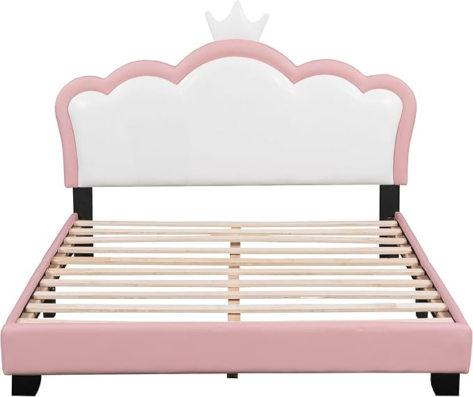 CITYLIGHT Full Size Princess Bed for Girls, PU Upholstered Platform Bed with Crown Headboard, Cute Beds Full Bed Frame for Kids, Pink+White