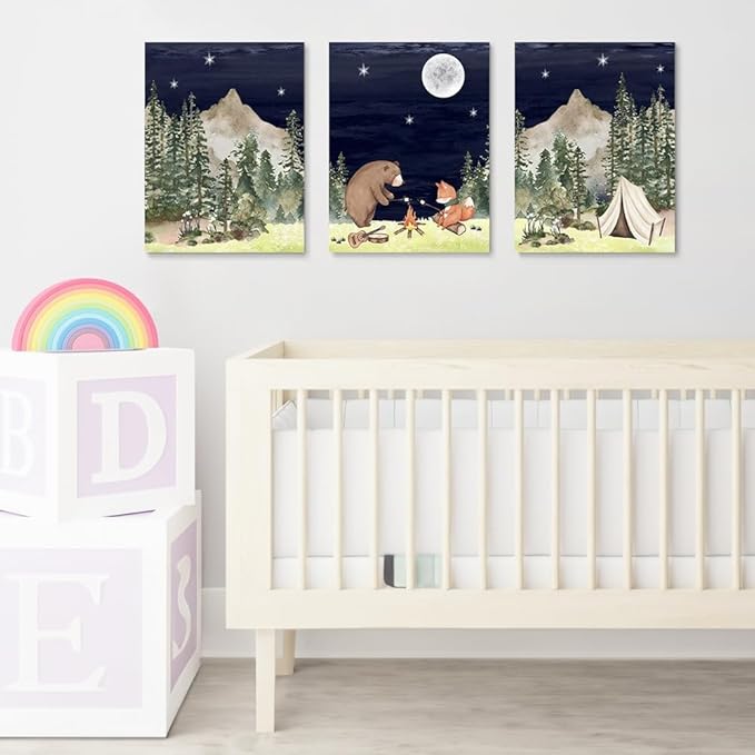 Camping Nursery Wall Decor, Bear Fox Nursery Print, Moon Night Woodland Nursery Decor, Watercolor Mountain Forest Wall Art, Set of 3 Nature Picture for Boy Girl Bedroom, Framed Canvas, 12"x16"x3