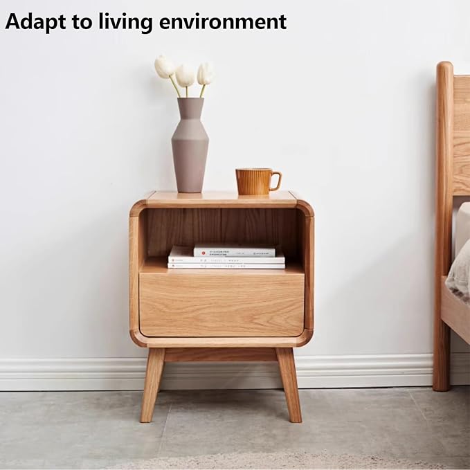Solid Wood Nightstand Set of 2, Mid Century Modern Nightstands with Drawer, Small Nightstand with Open Storage, Small Bedside Table for Bedroom, Dormitory(Natural Wood Color)