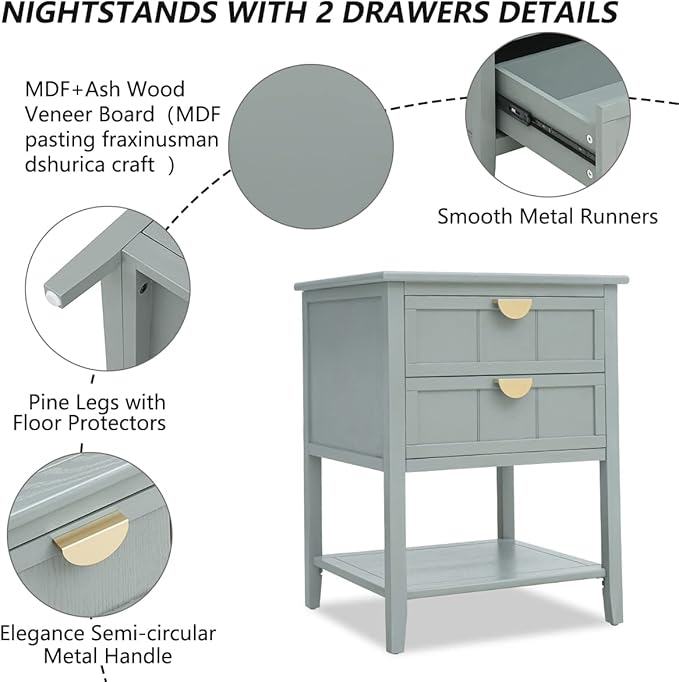 PElHONGET Nightstand with 2 Drawers, End Table Mid Century Modern Side Table with Shelf Storage, Bed Night Stand with Metal Handles Wood Accent Table for Bedroom, Living Room(Olive Green)