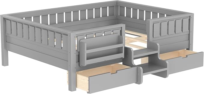 Bellemave Full Size Bed with Slats and Stairs, Full Size Platform Bed Frame with Fence, Bookshelf and Storage Drawers, Easy Assemble Beds for Kids, Girls, Boys, Gray