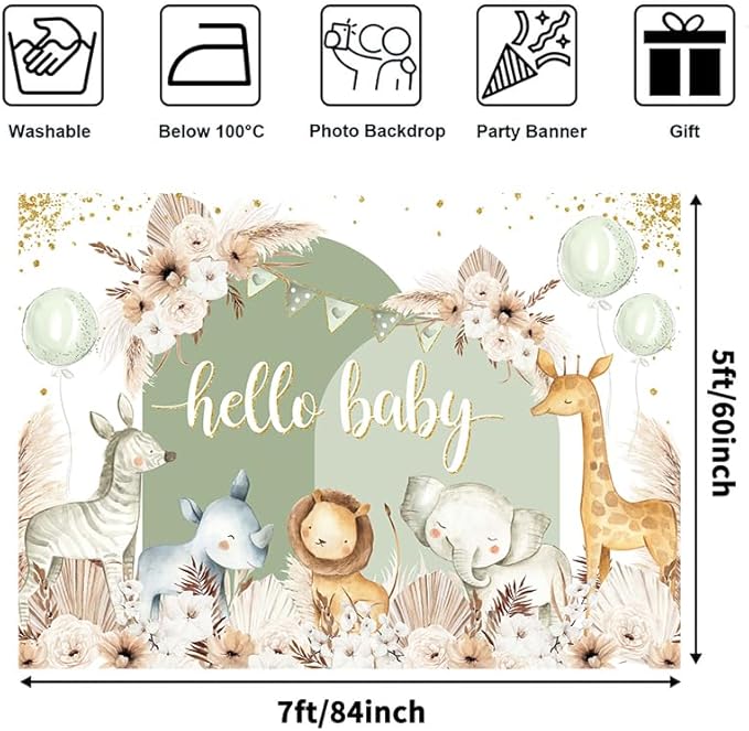 Hello Baby Backdrops Boho Floral Pampas Grass Baby Shower Photography Background Balloon Animals Party Decorations Banner Photo Booth Props(Green, 7x5ft)