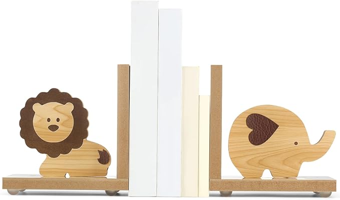 Harloon 2 Pcs Animal Bookends for Kids Wooden Decor Lion Elephant Animal Safari Bookends Decor for Girl Childrens Bedroom Home Nursery