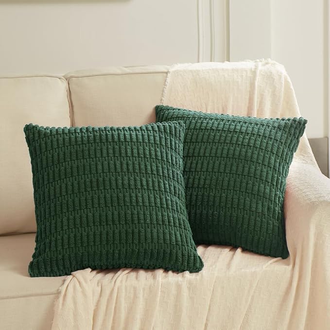 Fancy Homi 2 Packs Boho Dark Green Decorative Throw Pillow Covers 16x16 Inch for Couch Bed Sofa, Rustic Modern Farmhouse Home Decor, Soft Plush Corduroy Cute Square Cushion Case 40x40 cm