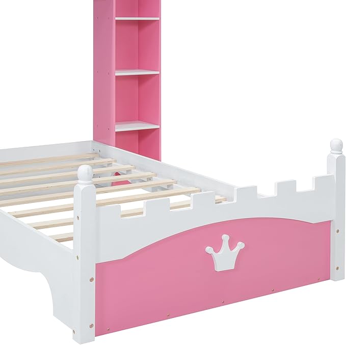 Castle-Shaped Wooden Platform Bed with Storage Shelf, Dreamy Twin Size Kids Platform Bed for Girls Boys Bedroom, Sturdy Slats Support (Pink+White Castle)