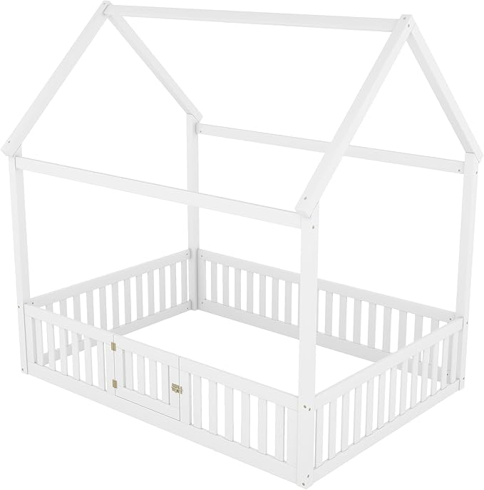 Bellemave Full House Bed for Kids, Wooden Kids bedframe with Rails and roof, Montessori Floor beds, White with Door no slats