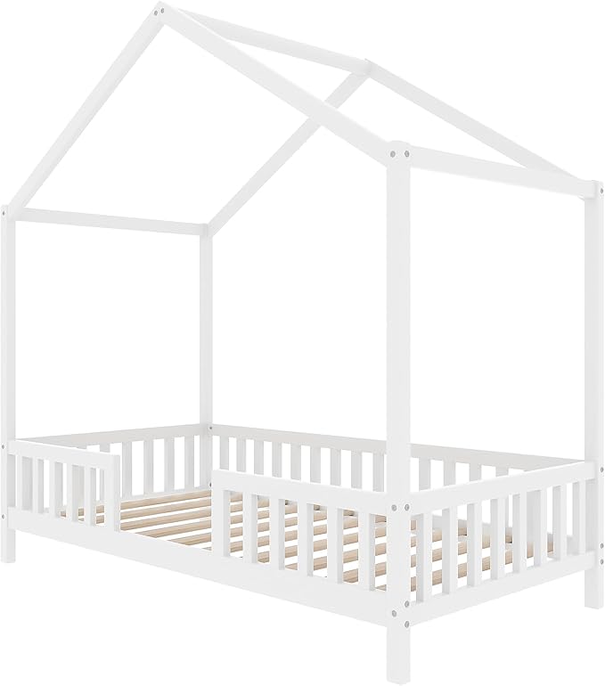 Montessori Floor Bed with Canopy, High Railings and Roof, Twin Size Wood House Bed Frame for Kids Bedroom (White/C2)