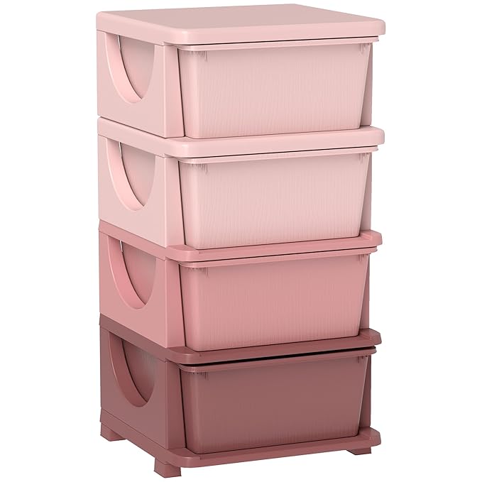 Qaba 4 Tier Kids Storage Unit, 4 Drawer Chest Toy Organizer Plastic Bins for Kids Bedroom Nursery Kindergarten Living Room for Boys Girls Toddlers, Pink