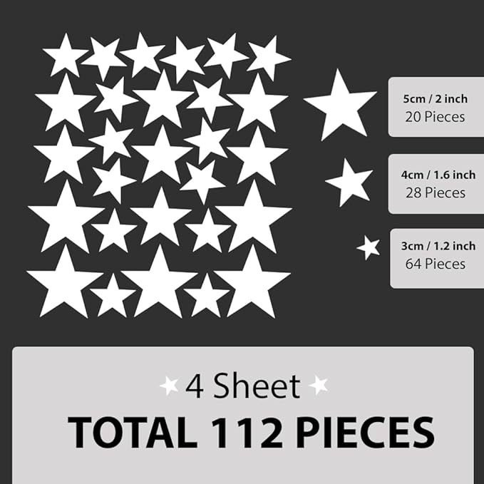 Wall Decals White Stars for Kids Room, 3-4-5centimeter Mix 112 Pcs, Easy to Peel Easy to Stick, Safe On Walls and Paint, Vinyl Decor by Bugybagy. (Matte White)