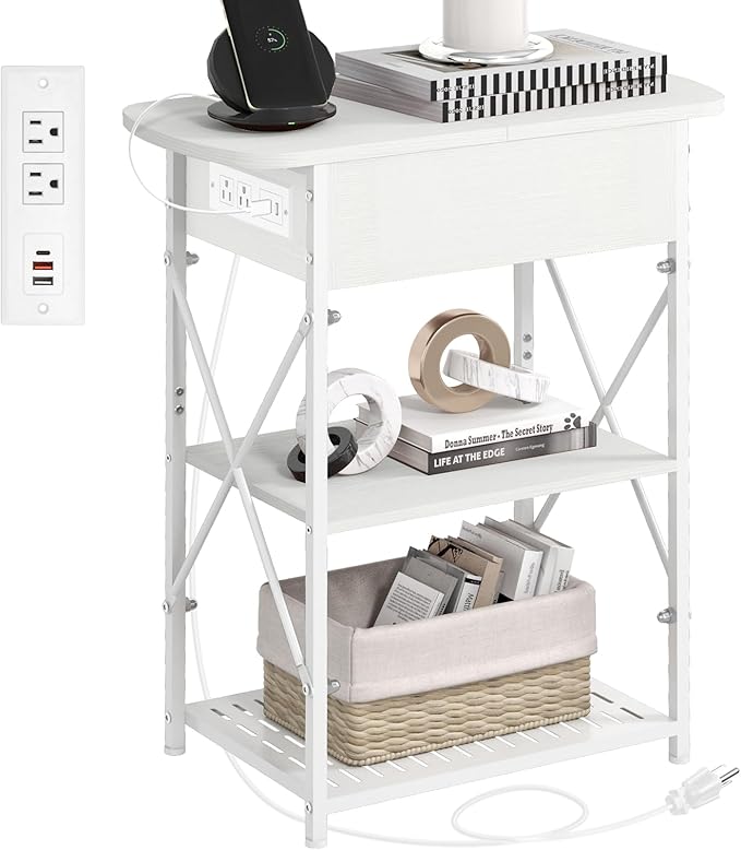 Livofloral Narrow Side Table with Charging Station, End Table with 3 USB Ports and 2 AC Outlets, Flip Top End Table with Storage, White Side Tables Living Room, Nightstand with Drawer for Bedroom