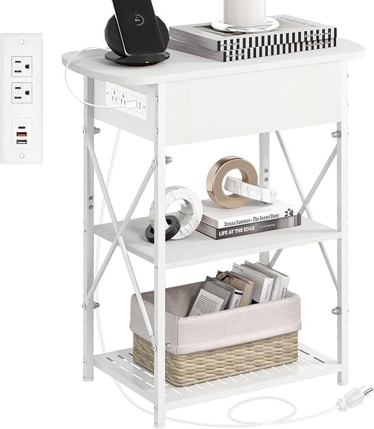Livofloral Narrow Side Table with Charging Station, End Table with 3 USB Ports and 2 AC Outlets, Flip Top End Table with Storage, White Side Tables Living Room, Nightstand with Drawer for Bedroom
