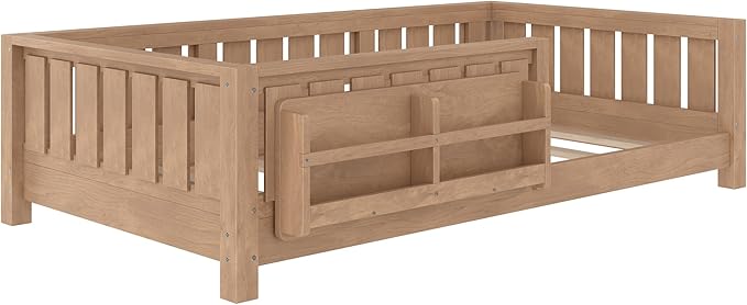 Bellemave Twin Floor Bed with Slats and Safety Guardrail, Twin Size Montessori Floor Bed with Fence and Built-in Bookshelf, Easy Assemble Montessori Beds for Kids, Girls, Boys, Natural