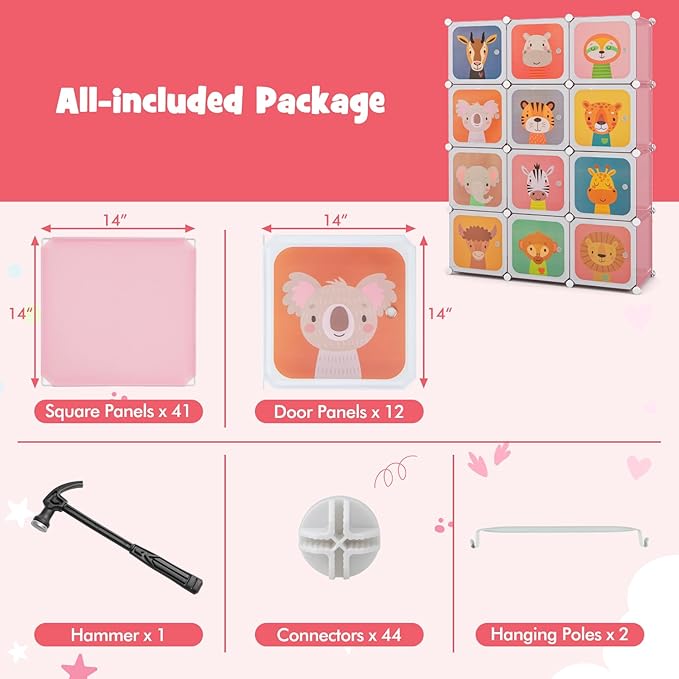HONEY JOY Kids Wardrobe Closet, Baby Cartoon Clothes Storage Organizer, 12 Cubes & 2 Hanging Sections, Portable Children DIY Modular Bedroom Armoire Dresser Cabinet for Boys Girls (Pink)