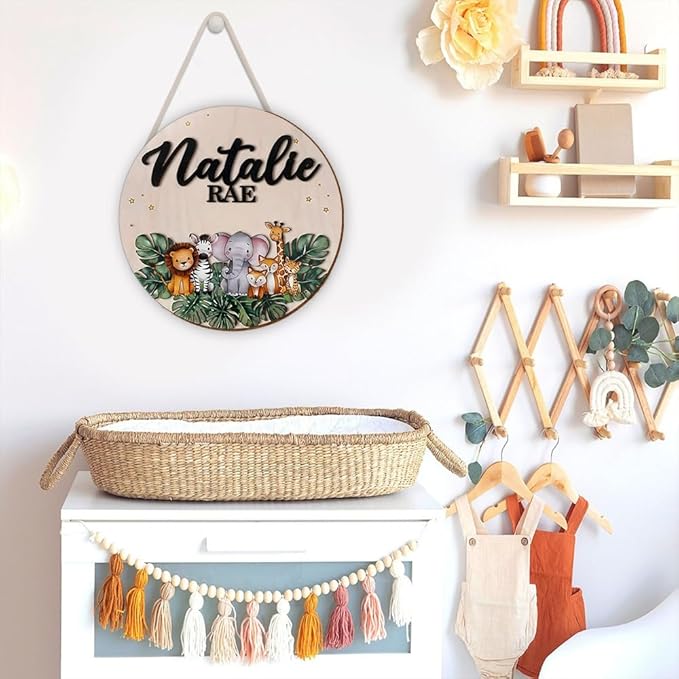 Personalized Jungle Animal Wooden Name Sign | Custom Door Hanger | Room Wall Art for Nursery Decor, Bedroom, and Playroom Wall Hanging