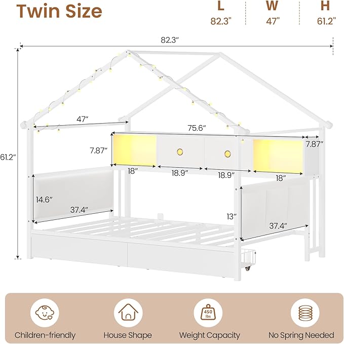 DICTAC Twin Corner Bed Frame with Storage Bookcase,Charging Station and Upholstered Headboard House Shaped Twin Size Bed Frame with 2 Storage Drawers,RGB LED and Globe Lights,Kid twin House Beds,White