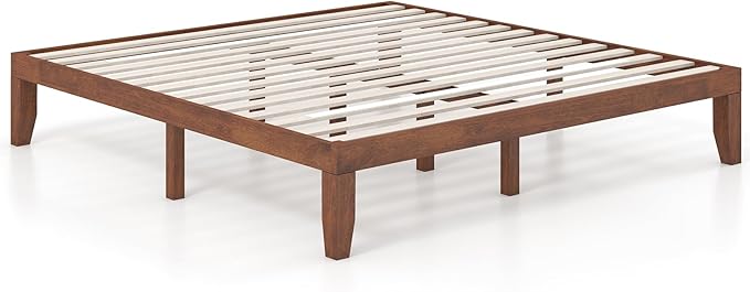 KOMFOTT 14 Inches Wood Platform Bed Frame King Size, Wooden Mattress Foundation with Rubber Wood Frame, Strong Wooden Slat Support, No Box Spring Needed, Bed Frame (Brown Cherry)