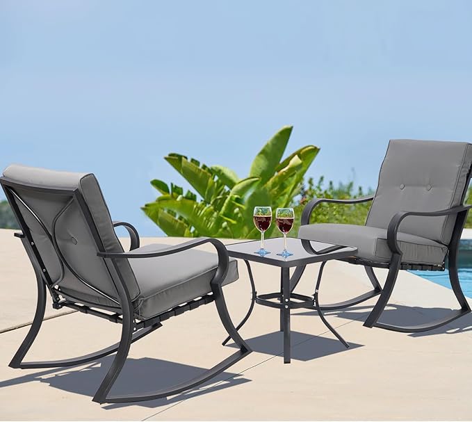 Oakcloud Oakmont Outdoor Furniture 3 Piece Conversation Bistro Set Rocking Chairs and Glass Top Table, Thick Cushions, Black Steel (Grey)