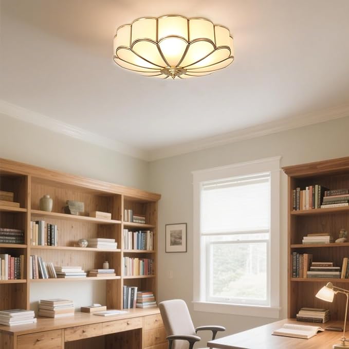 MIXL- Mid Century Brass Flush Mount Ceiling Light,LED Antique Brass Light Fixture, Modern Frosted Glass Ceiling Lamps for Living Room, Close to Ceiling Light Decorative for Bedroom(13.77" W)
