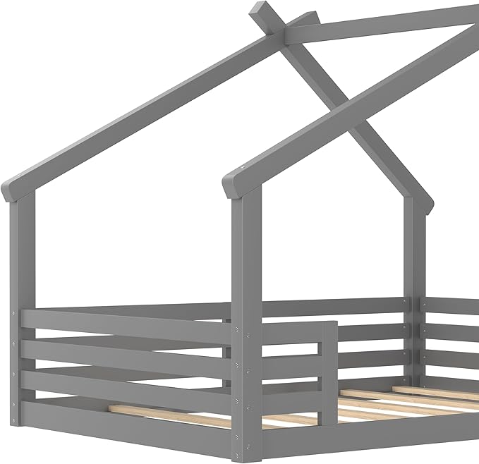 SOFTSEA Full Size House Bed Frame, Kids Floor House Bed with Window and with Storage Shelf for Boys Girls, Wood Montessori Bed with Roof and Guardrails, Grey
