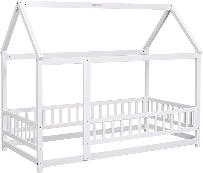 Bellemave Twin Size House Floor Bed,Wooden Montessori Bed with Fence and Roof for Kids,Twin Bed Frame for Boys,Girls(Twin,White)