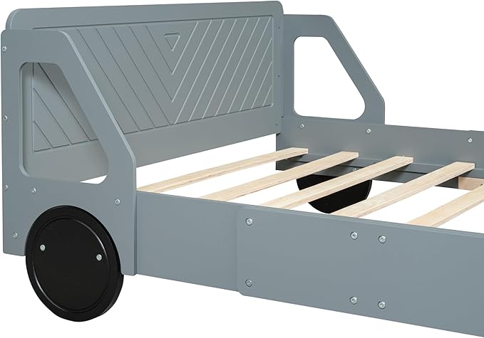 Full Size Car-Shaped Platform Bed with Wheels, Solid Wood Car Bed Frame with Strong Slatted Support for Kids Teens Boys Girls Bedroom, Fun Play Design Kids Floor Bed (Gray-WL55)