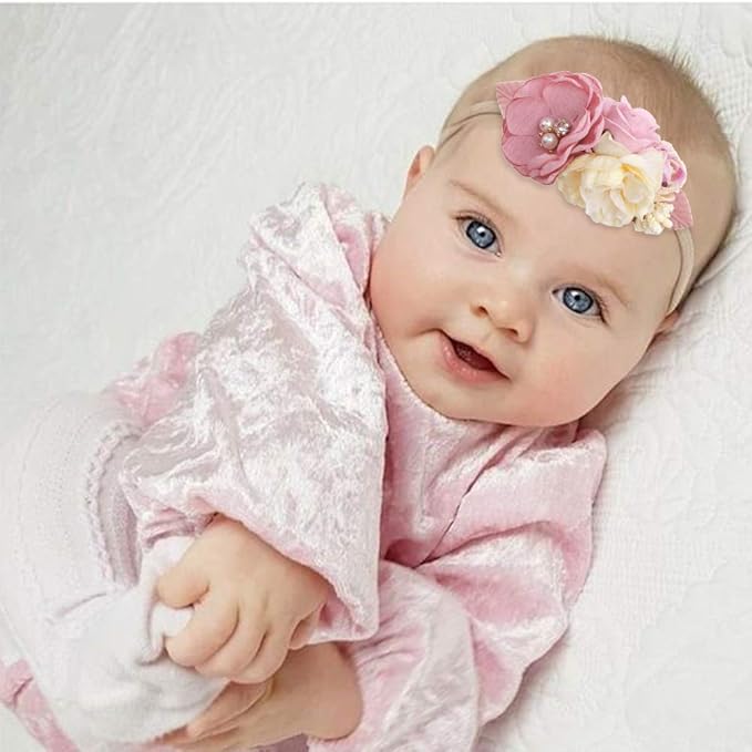 Baby Girl Floral Headbands- 3pcs Nylon Headband Handmade Flower Crown Elastic Hairband Newborn Toddler Hair Accessories Gifts for Girls （1-6 years old）