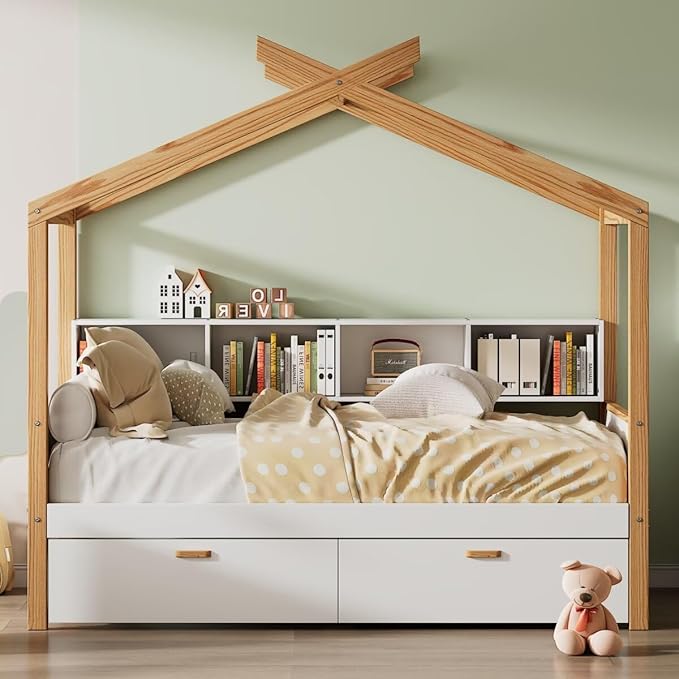 Full Size Wooden House Bed with Two Drawers and Bookshelf Storage Space, Original Wood Colored Frame with Roof and Slats Support for Kids Teens Girls Boys Bedroom (White+Drawers, Full)