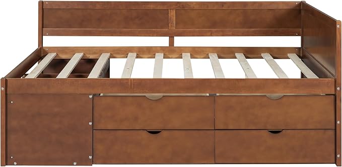 Full Size Daybed with 4 Storage Drawers and Shelves, Wooden Full Platform Bed Frame with L-Shaped Headboard and Slats Support, Corner Bed Full Captain Beds for Kids Boys Girls Teens, Walnut