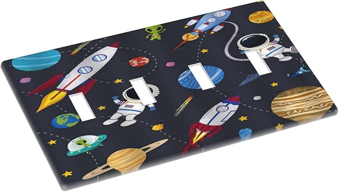 Rocket Planets Astronaut Blue Decorative 4 Gang Decorative light switch plate Quad Toggle Wall Plate Covers Switchplate Electrical Faceplate for Nursery Kidsroom Bedroom Decor