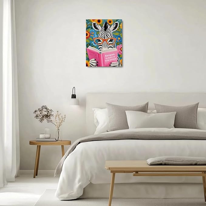 Whimsical Zebra Reading Book Art Print Literary Animal Book Lovers Gifts Wall Decor Canvas Wall Art Framed Artwork for Home Living Room Kitchen Office Decorations Paintings Pictures 11.5X14.5 Inch