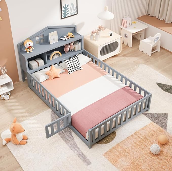 Bellemave Full Size Floor Bed for Kids, Girls, Boys, Solid Wood Montessori Bed with Storage headboard, Door, Storage, Grey