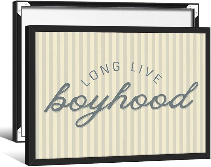 Long Live Boyhood Quote Wall Art Preppy Blue Stripe Poster 08x10 inch Black Framed Modern Fashion Minimalist Canvas Prints for Boy Nursery Bedroom Wall Decor