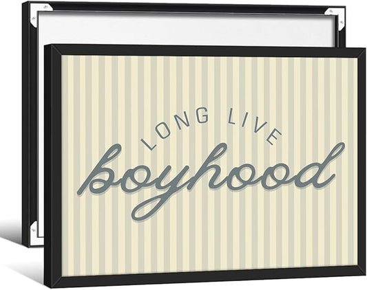 Long Live Boyhood Quote Wall Art Preppy Blue Stripe Poster 08x10 inch Black Framed Modern Fashion Minimalist Canvas Prints for Boy Nursery Bedroom Wall Decor