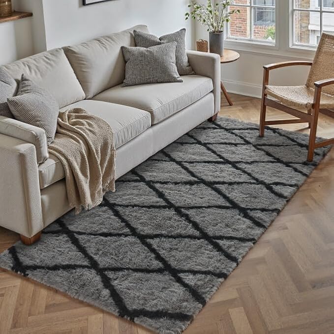2x6 Checkered Rug Grey and White Modern Soft Area Rug Fluffy Non-Slip Carpet for Bedroom Living Room Playroom Home Aesthetic Decor